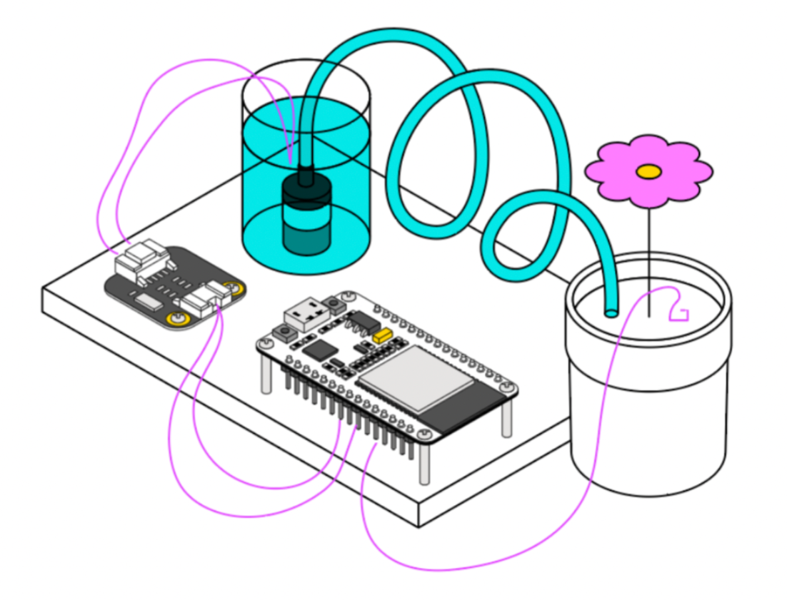 illustration of plant with moisture sensor, pump, and raspberry pi